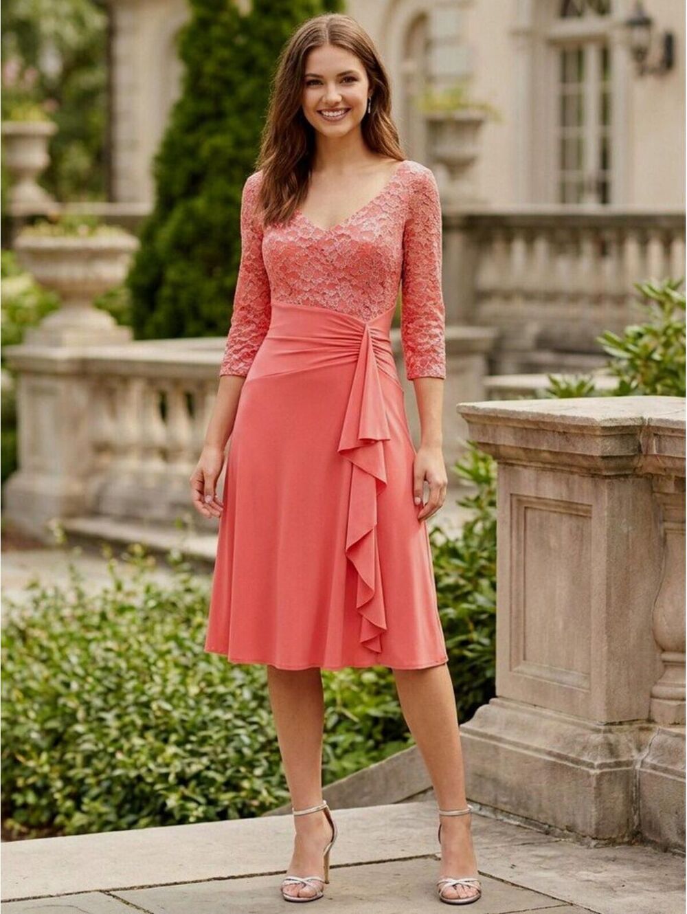 Fanny Fashion #1574 Short Jersey and Lace Formal Dress-Size 2X-CORAL-NWT